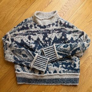 ANTHRO pilcro crop Cream & Navy Patterned Wool mock neck Sweater